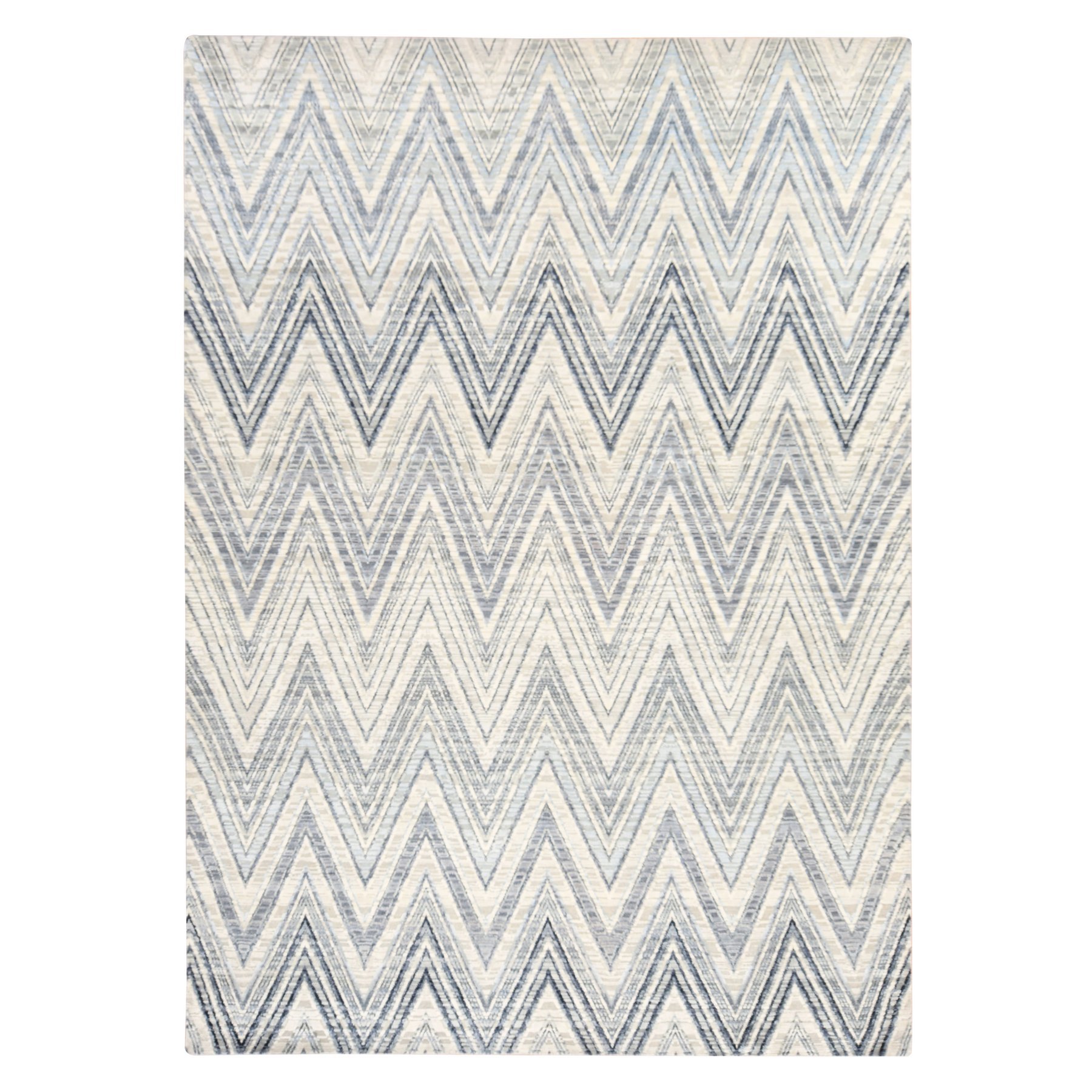 8'9"x12'2" Pastel Gray, Chevron Design, Textured Wool and Pure Silk, Hand Knotted, Oriental Rug 